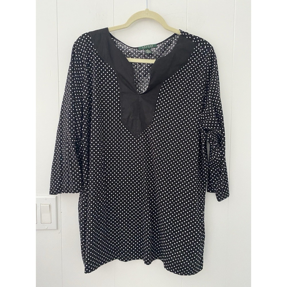 Lauren Ralph Lauren Polka Dot Blouse Black White Cotton 3/4 Sleeves Plus‎ Sz 2X